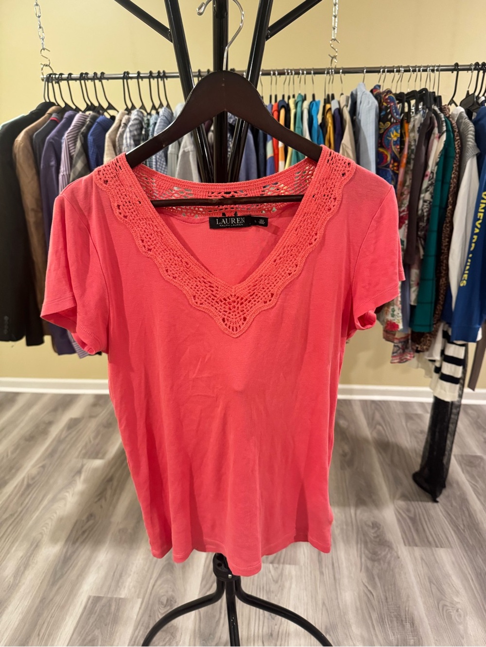 Ralph Lauren Coral Crochet Trim V-Neck Short Sleeve Top
